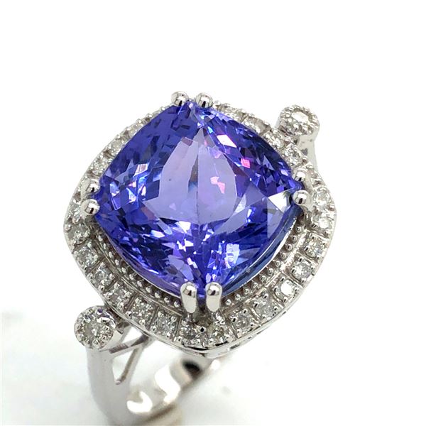 Cushion-Cut Tanzanite and Diamond Halo Ring