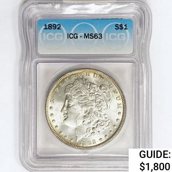 1892 Morgan Silver Dollar ICG MS63