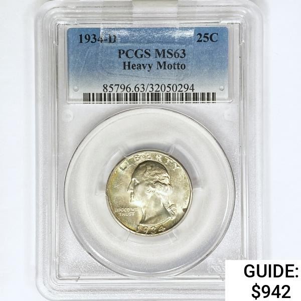 1934-D Washington Silver Quarter PCGS MS63 Hvy Mot