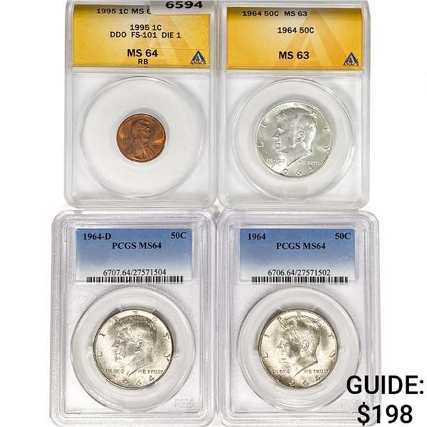 [4] 1 1C, 3 50C ANACS,PCGS MS63,64 1964-1995
