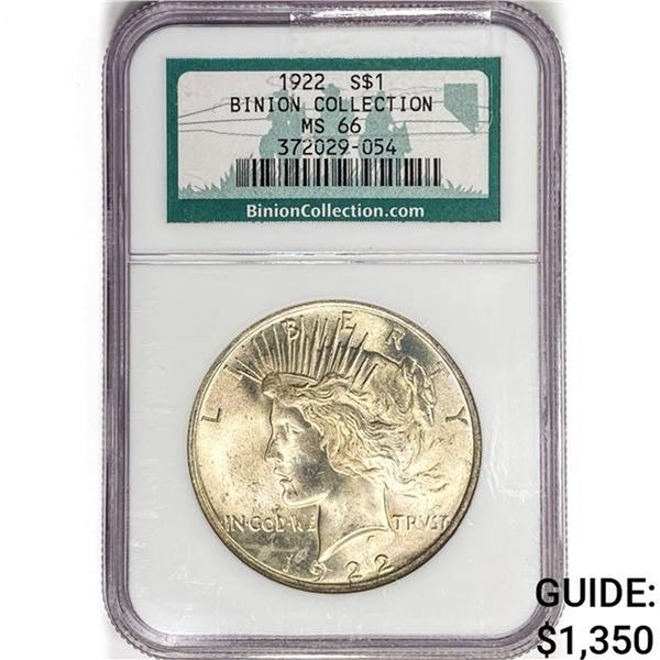 1922 Silver Peace Dollar NGC MS66 Binion COLL.
