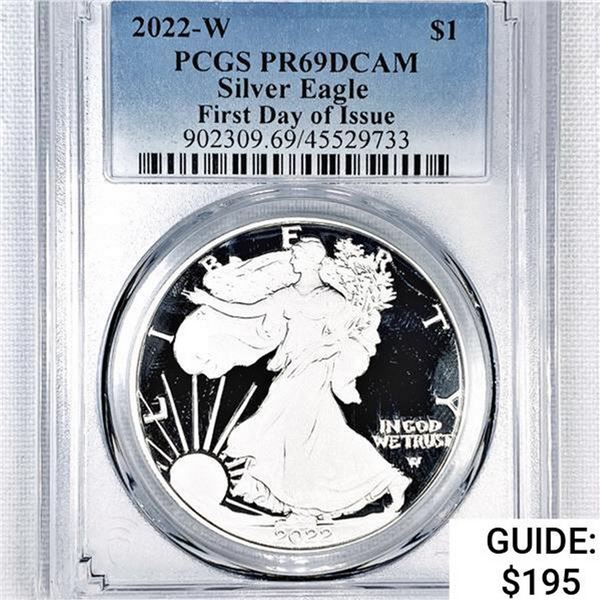2022-W Silver Eagle PCGS PR69 DCAM, 1st Day of Iss