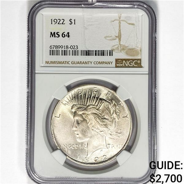 1922 Silver Peace Dollar NGC MS64