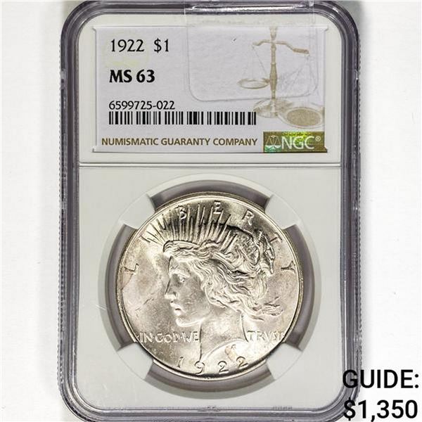 1922 Silver Peace Dollar NGC MS63