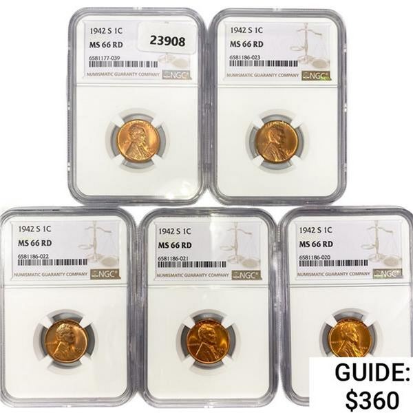 1942-S Set [5] Wheat Cent NGC MS66 RD