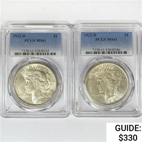1922-D Set [2] Silver Peace Dollar PCGS MS61