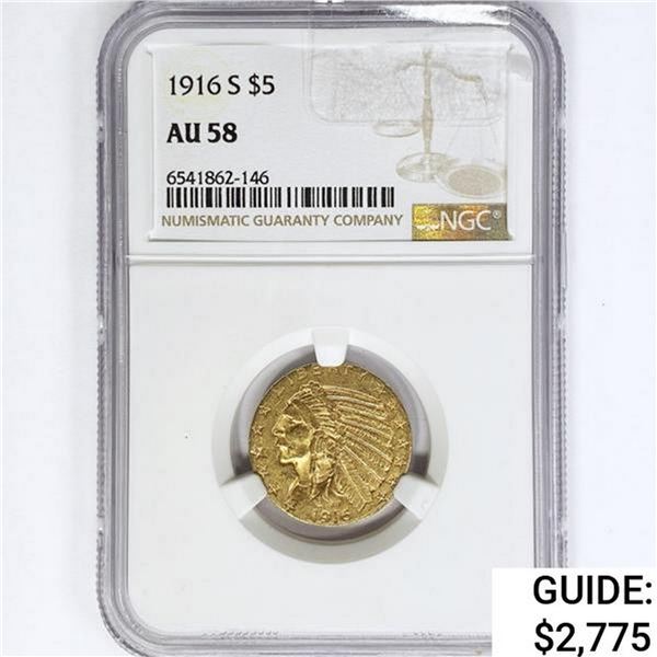 1916-S $5 Gold Half Eagle NGC AU58