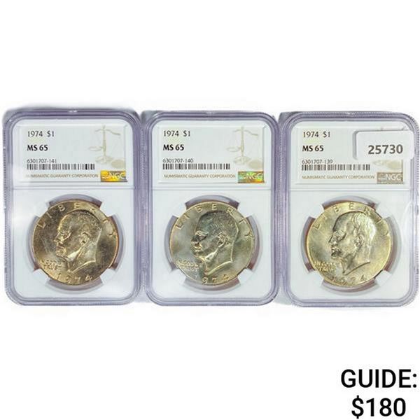 1974 Set [3] Eisenhower Silver Dollars NGC MS65