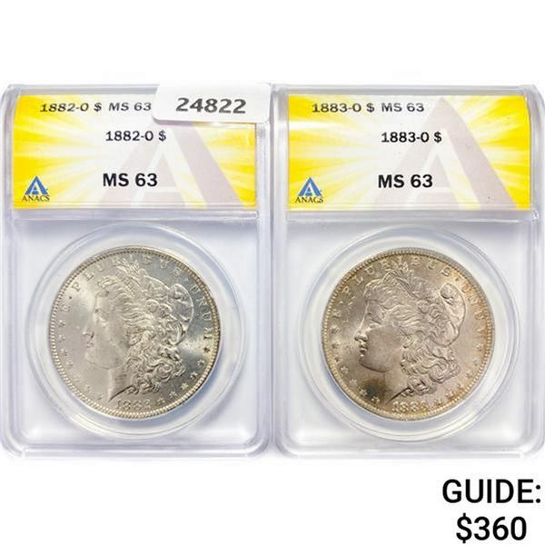 1882-O,1883-O (2) Morgan Silver Dollars ANACS MS63