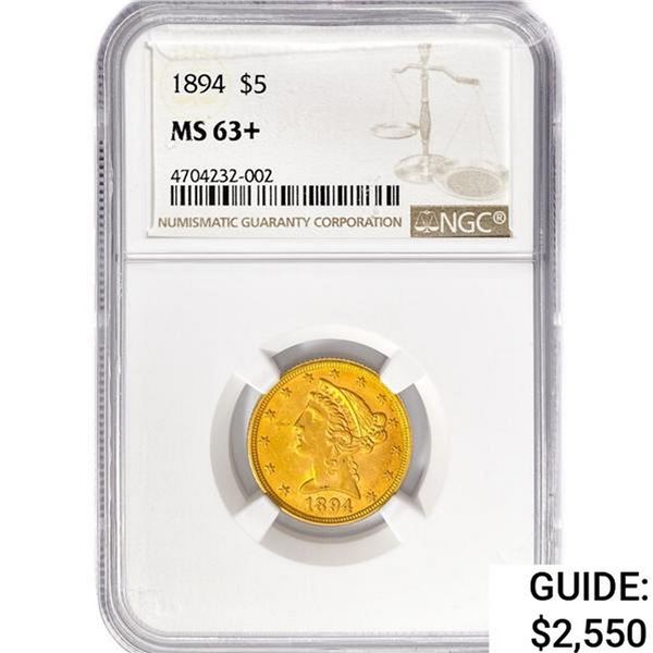 1894 $5 Gold Half Eagle NGC MS63+