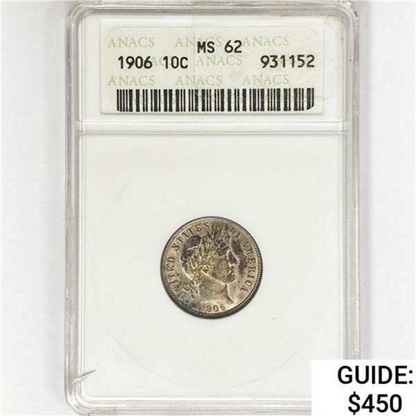 1906 Barber Dime ANACS MS62