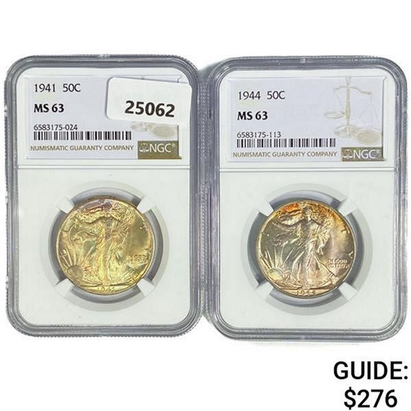 (2) Walking Half Dollars (1941, 1944) NGC MS63