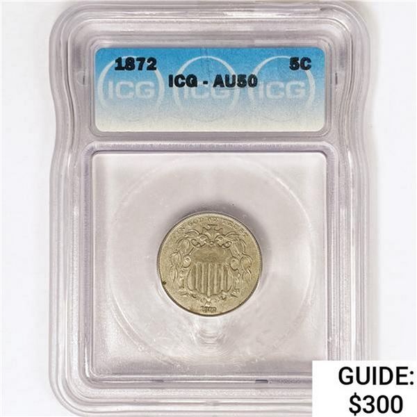1872 Shield Nickel ICG AU50
