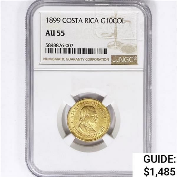 1899 10 Colones .23oz Costa Rica Gold NGC AU55