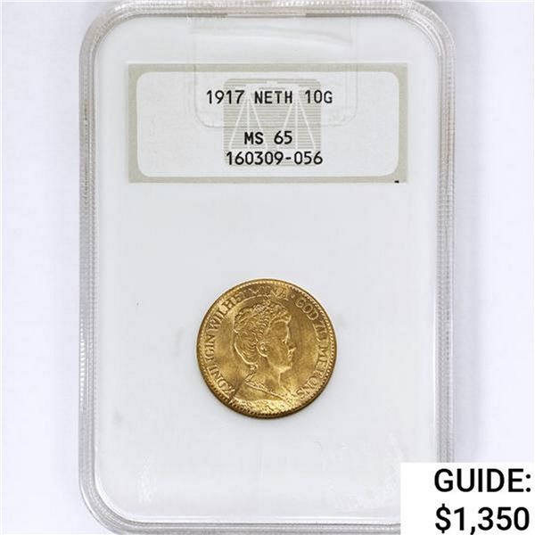 1917 Netherlands .1947oz Gold 10 Gulden NGC MS65