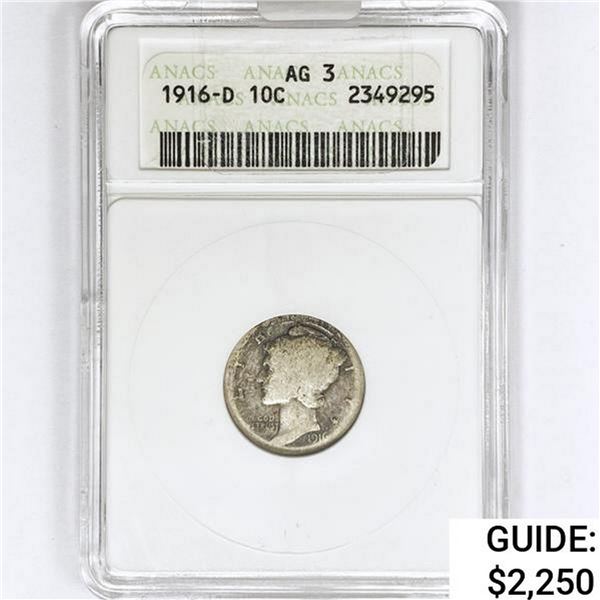 1916-D Mercury Silver Dime ANACS AG3