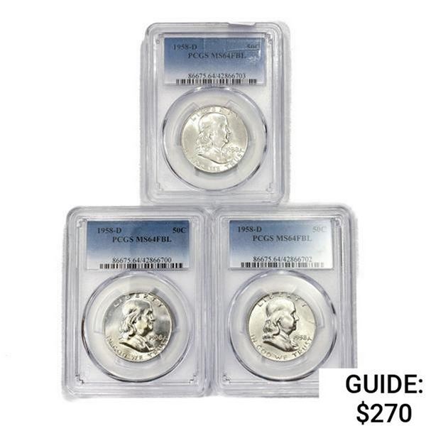 1958-D Set [3] Franklin Half Dollar PCGS MS64 FBL