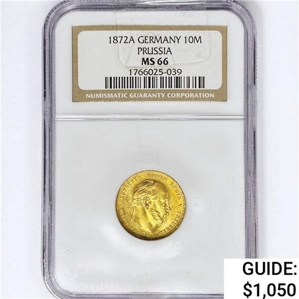 1872-A G.S. Prussia .1152oz Gold 10 Mark NGC MS66