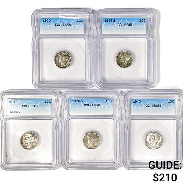 [5] Mercury Silver Dimes ICG 1916-1940