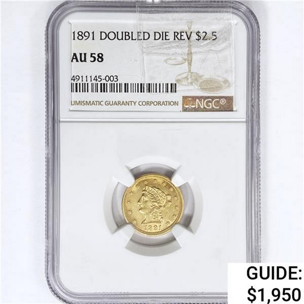 1891 $2.50 Gold Quarter Eagle NGC AU58 DDR