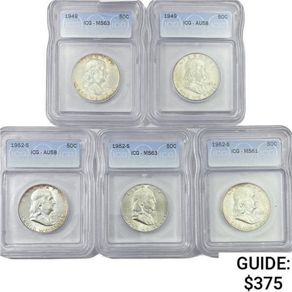 [5] (2) 1949 (3) 1952-S Franklin Halves ICG MS/AU