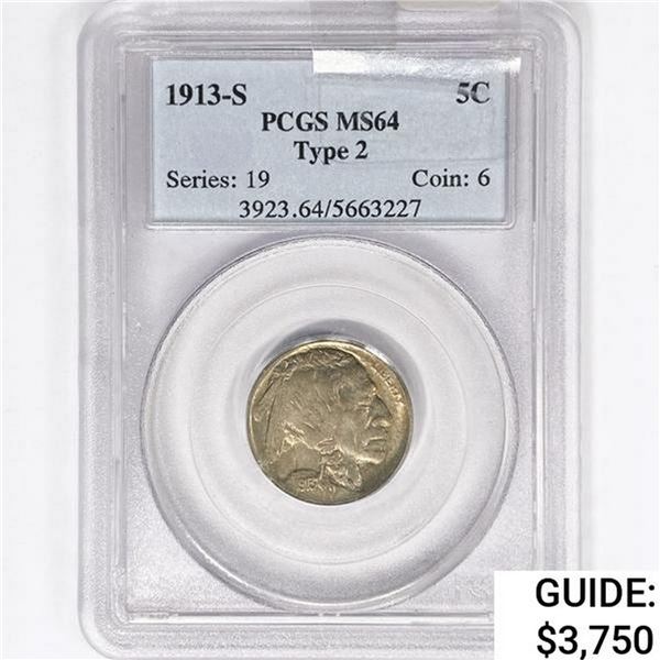 1913-S Buffalo Nickel PCGS MS64 TY 2