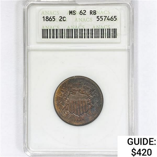 1865 Two Cent Piece ANACS MS62 RB