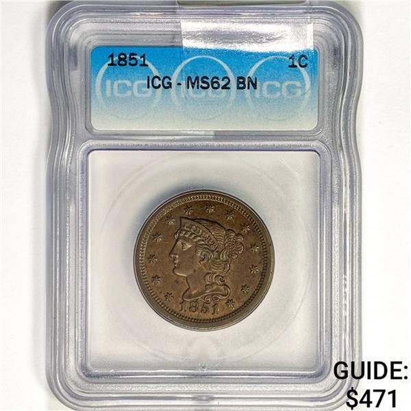 1851 Braided Hair Large Cent ICG MS62 BN
