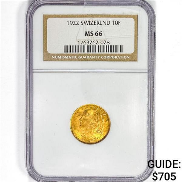 1922 Switzerland 10 Francs .0933oz. Gold NGC MS66