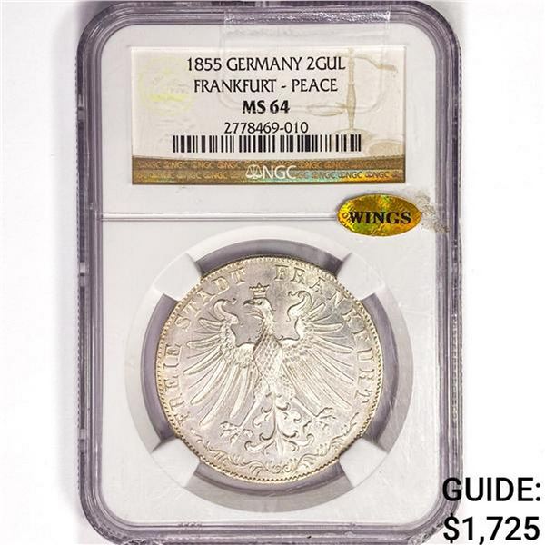 1855 German 2 Gulden NGC MS64 Wings, Frankurt Peac