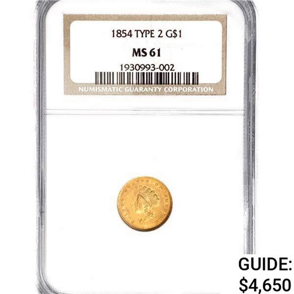 1854 Ty 2 Rare Gold Dollar NGC MS61