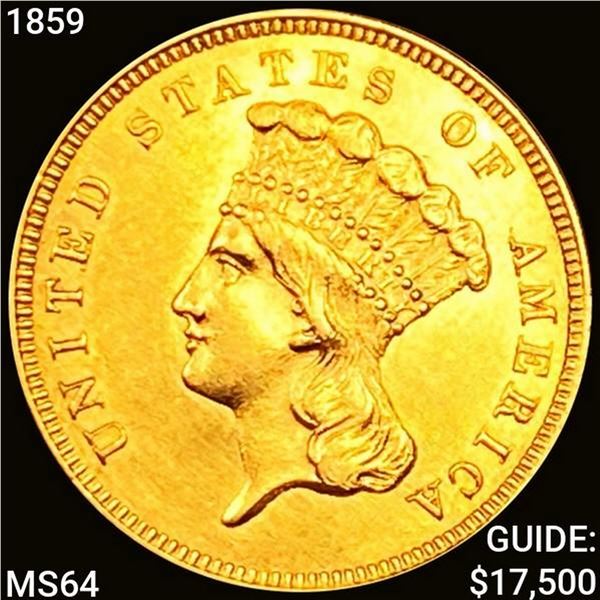 1859 $3 Gold Piece CHOICE BU