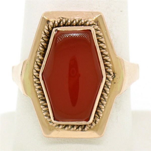 Vintage Russian 14k Rose Gold Bezel Set Carnelian Hexagon Ring