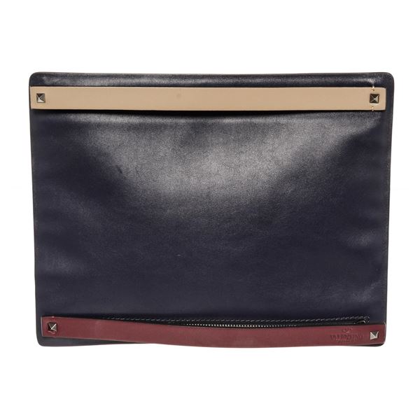 Valentino Navy Blue Leather Double Zip Clutch