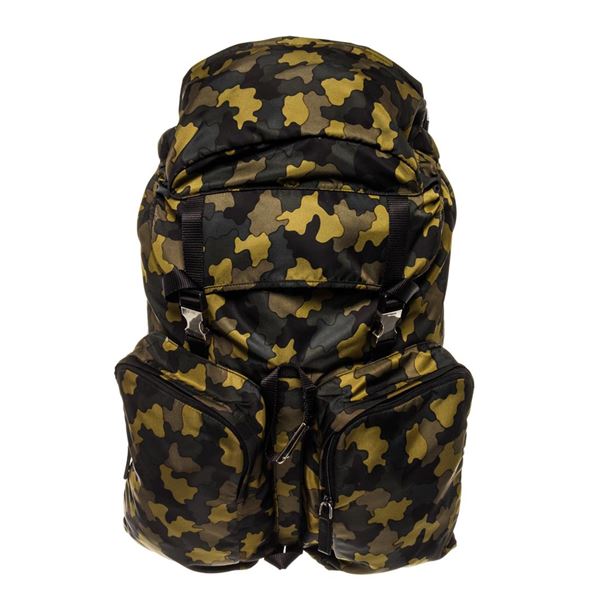 Prada Green Yellow Multicolor Printed Camo Tessuto Nylon Double Pocket Buckle La