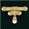 Image 2 : Vintage 18K Gold Diamond Matte Finish Dual Column Bar Brooch & Pearl Bead Dangle