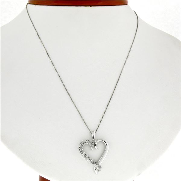 14K White Gold 16  .20 ctw Round Pave Diamond Petite Heart Slide Pendant Necklac