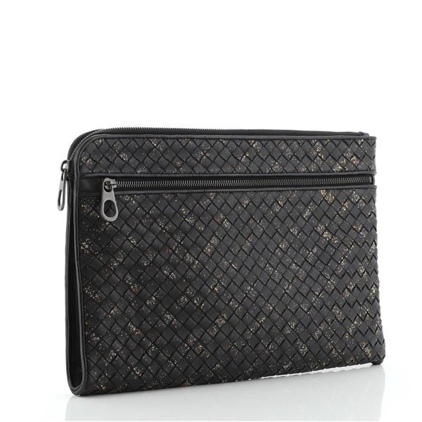 Bottega Veneta Front Zip Portfolio Pouch Printed Intrecciato Nappa Large Black