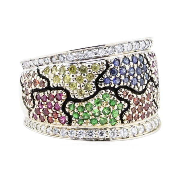 1.64 ctw Multi-colored Gemstone and Diamond Wide Band - 18KT Yellow And White Go