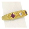 Image 3 : 14k Yellow Gold 0.55 ctw Square Blood Ruby Round Diamond Sandblasted Band Ring