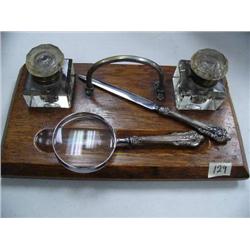 1870 Quarter Sawn Oak Desk Set with 2 cut Glass Ink Holders and Magnifying Glass and Letter Opener w