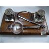 Image 1 : 1870 Quarter Sawn Oak Desk Set with 2 cut Glass Ink Holders and Magnifying Glass and Letter Opener w
