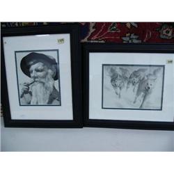 Pair of Fred Machetanz Prints from Books:  Dog Team, Old man with pipe, Frame Size 14" x 16"  (42)