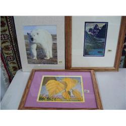 Lot of 3 Fred Machetanz Prints, Autumn Leaves, Ocean Bay with Boat and Snowy Background and Bear (42