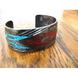 Turquoise and Coral Bangle Type Bracelet, Navajo, signed STC (37)