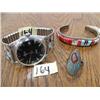 Image 1 : 3 Piece Sterling Silver Turquoise and Coral Ring, Silver watch with band and Bangle Bracelet.  (Brac