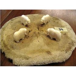 Herd of 4 Musk ox Mounted Whalebone Disc by Robert Kokuluk of King Island (1)
