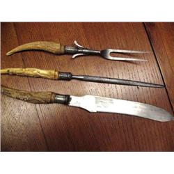 3 Piece Carving Set with Deer horn Handles Carved as Alligators with Inset Beady Eyes and Silver Ban