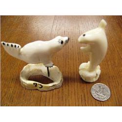 Lot of Bone 2" Swimming Seal with Inset Baleen Eyes and Claws and 3" Ivory Jumping Seal (33)