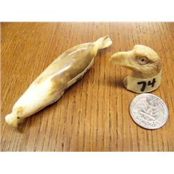 Lot of 3 1/2" Fossilized Ivory Seal and 1 1/2" Carved Bone Eagles Head (33)